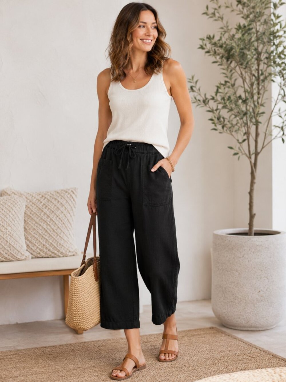 Treasure & Bond Pull-On Cropped Utility Pants Medium Black TENCEL™ Linen Blend